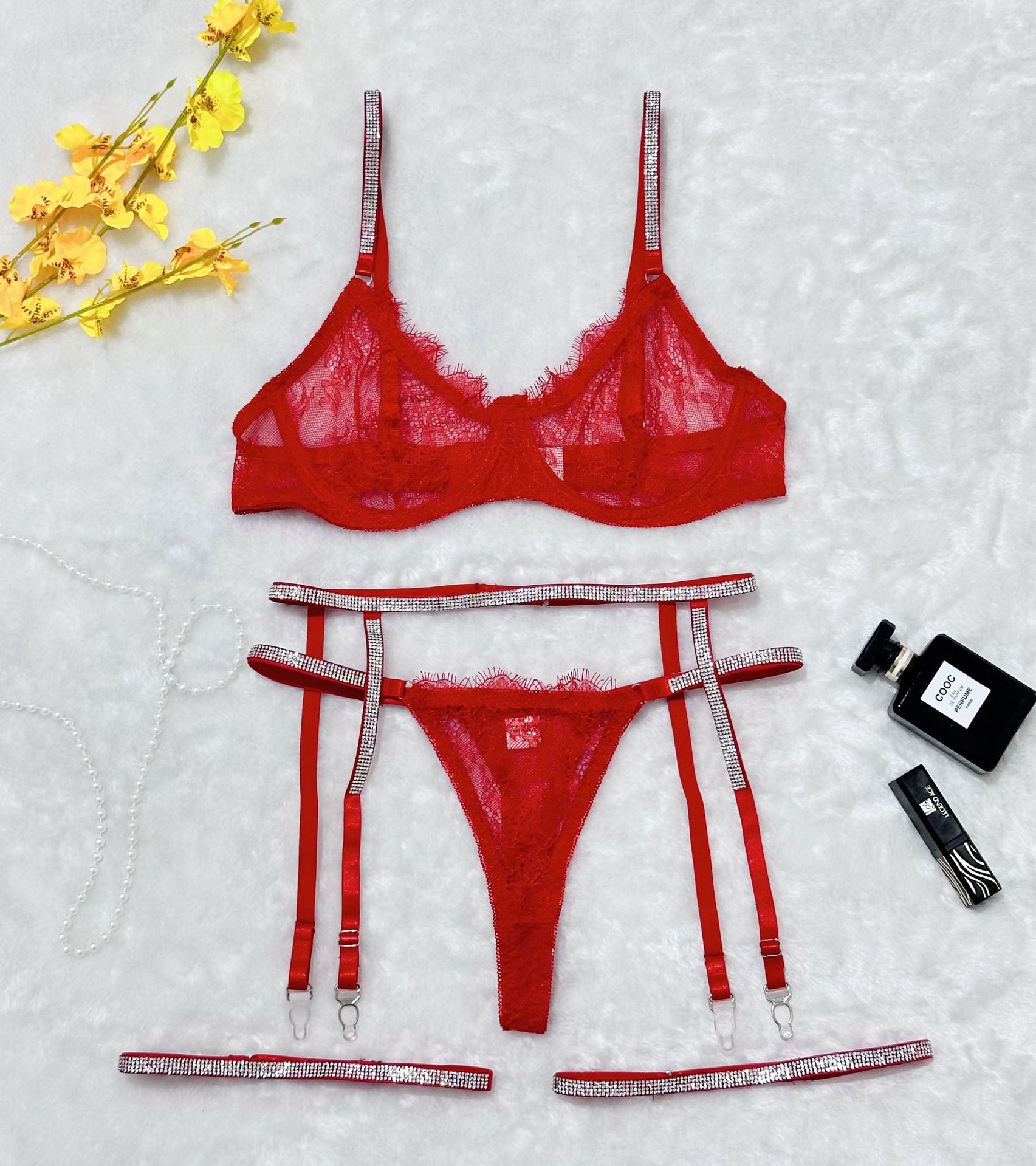 Lace Lingerie Set - 4 Piece Rhinestone Garter Belt - Fashions Envy