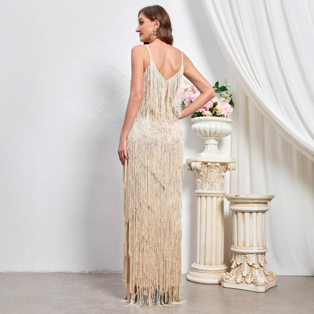 Apricot open-back evening gown, sleeveless V-neck with long fringe trim