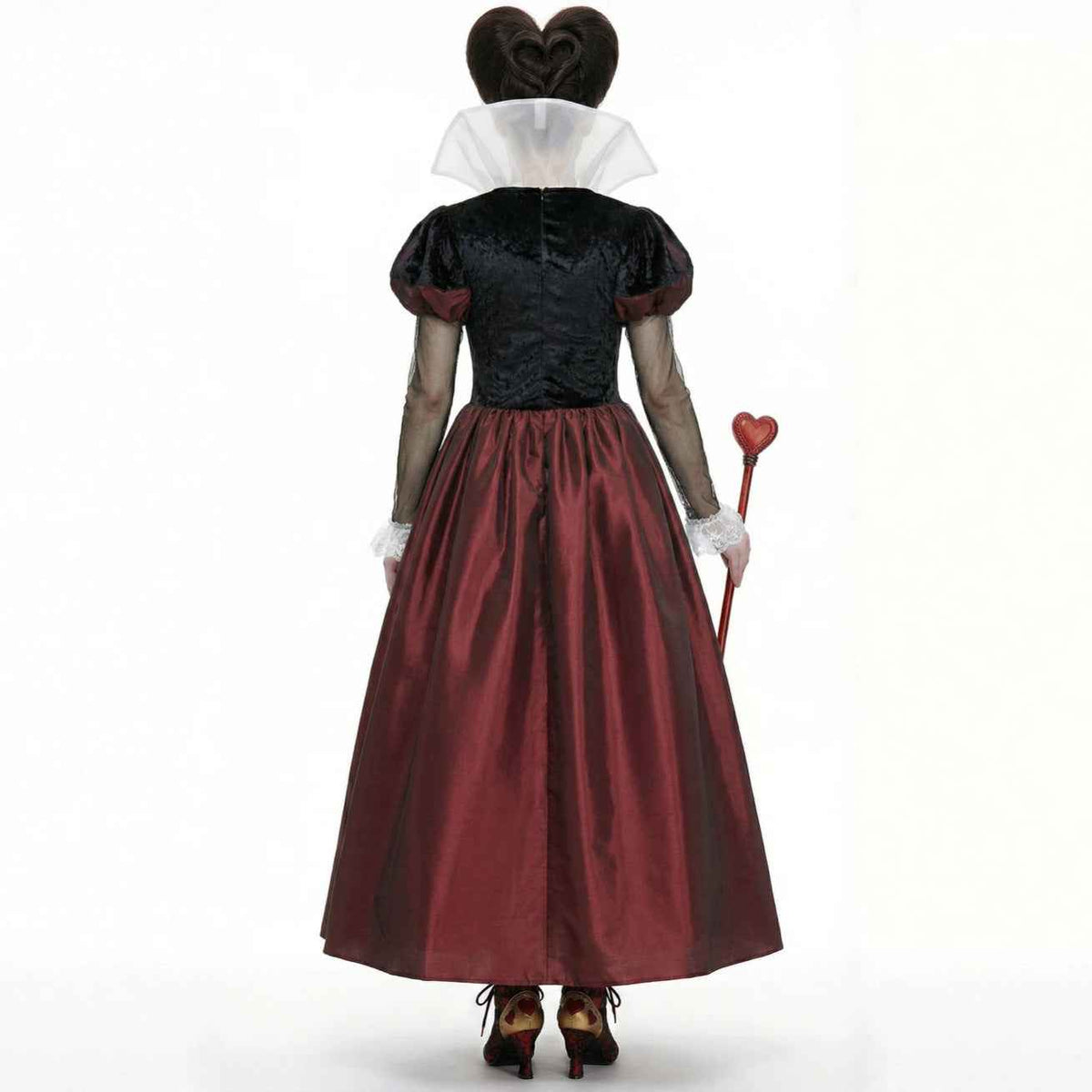 Back-view Halloween dress with heart-print skirt panel, black bodice and burgundy skirt