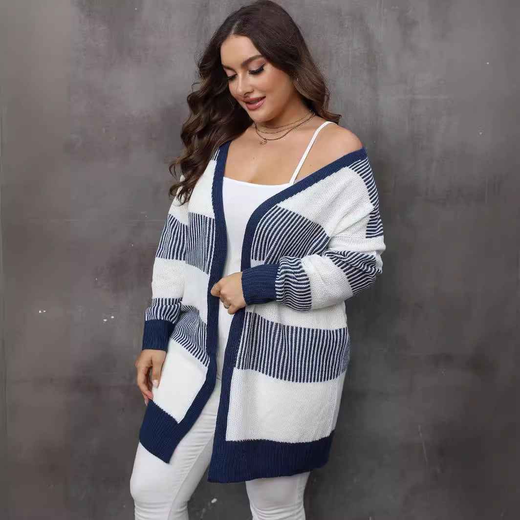 Plus Size Striped Cardigan - Open Front and Long Sleeves