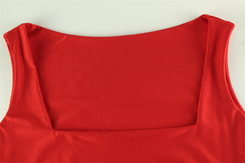Red Bodycon Mini Dress - Sleeveless Square Neck