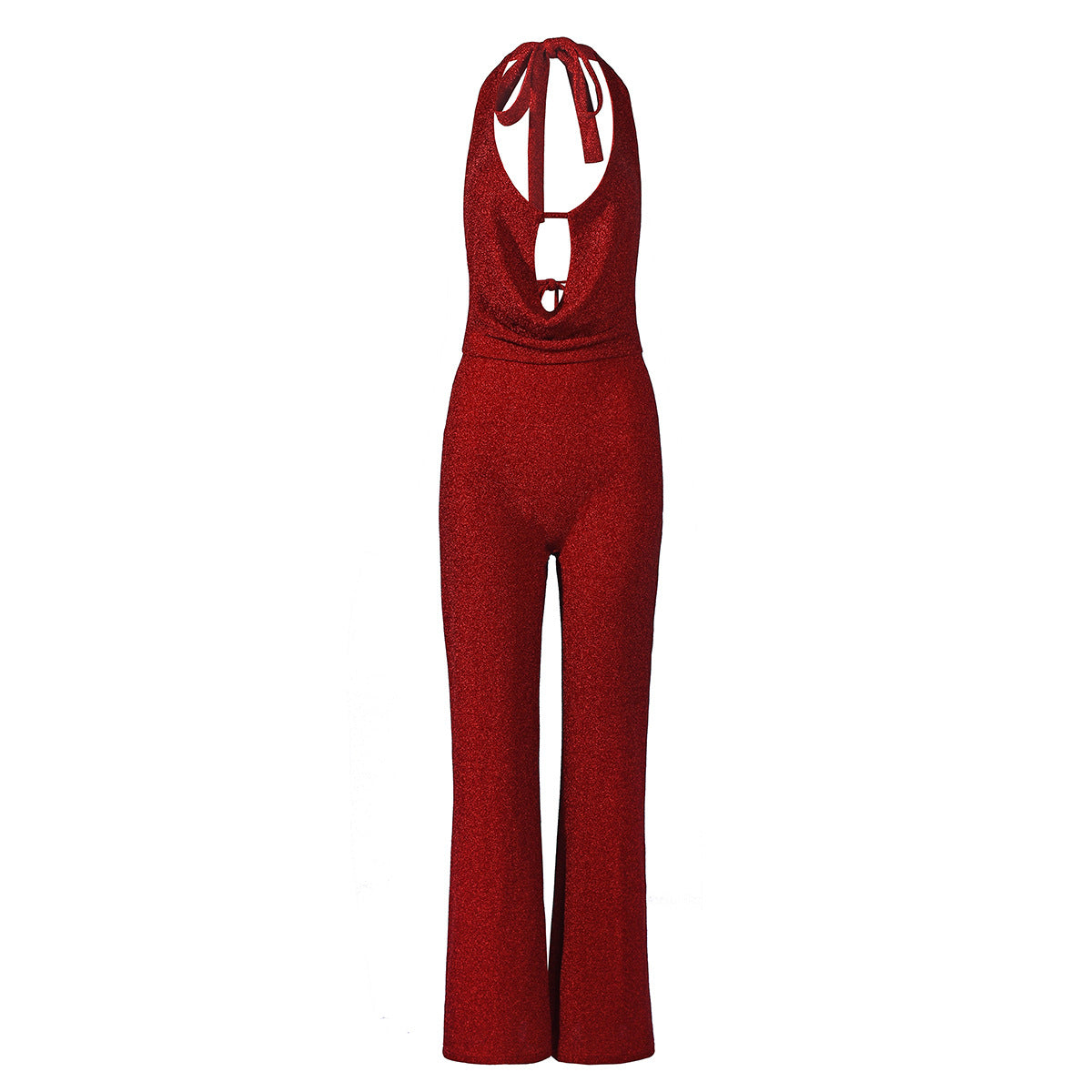 Red Halter Tie Backless Jumpsuit - Deep V Keyhole Wide Leg Flare