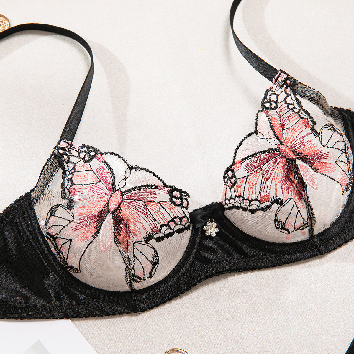 Black Butterfly Embroidery Mesh Bra and Thong Set