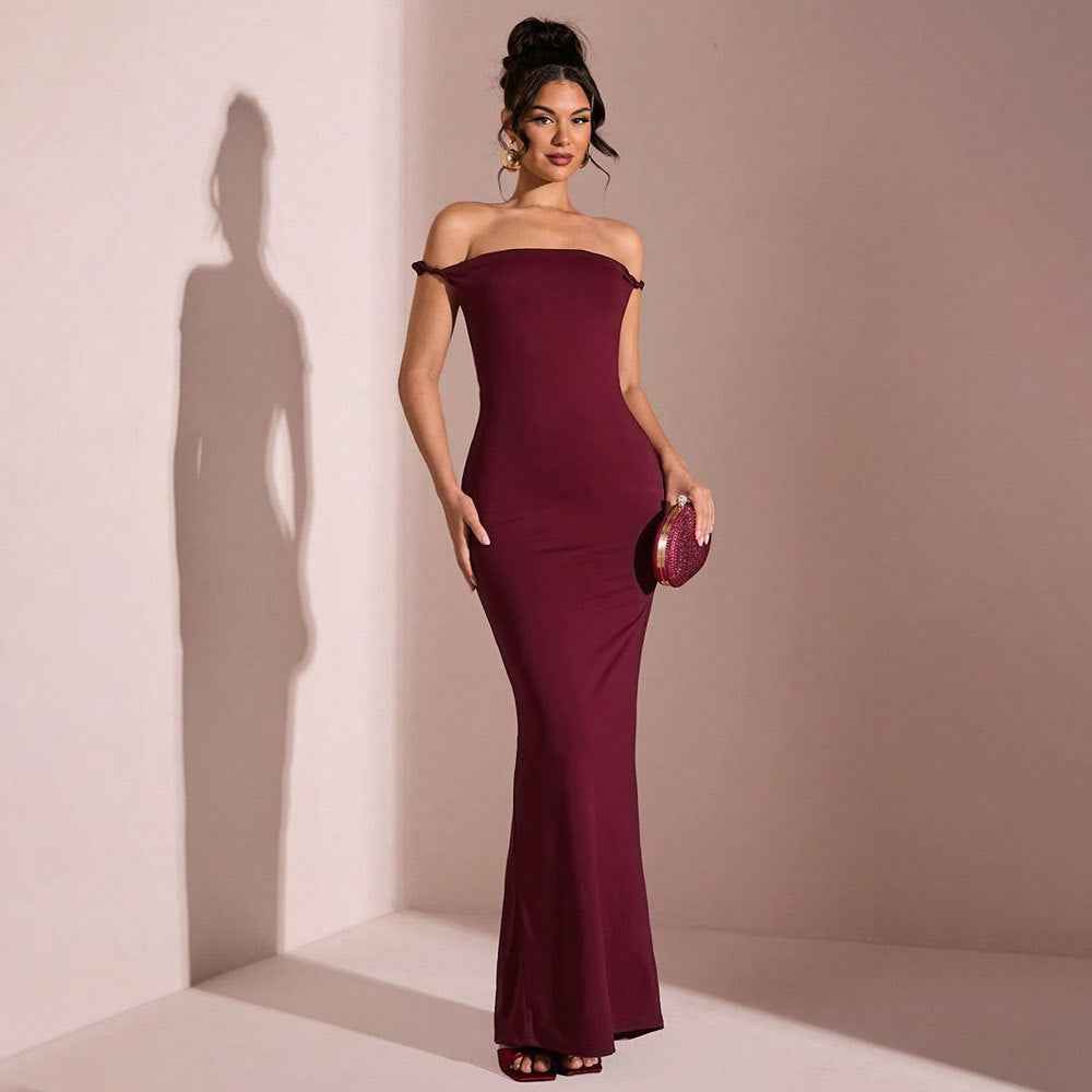 Burgundy Mermaid Maxi Dress - Off Shoulder Ruched Open Back