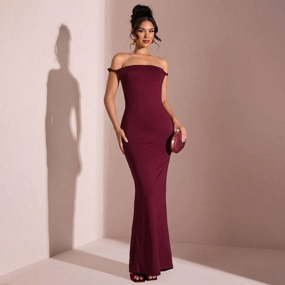 Burgundy Mermaid Maxi Dress - Off Shoulder Ruched Open Back