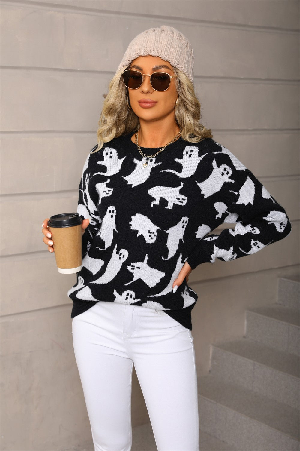 Halloween Ghost Sweater - Ribbed Crewneck Knit Pullover