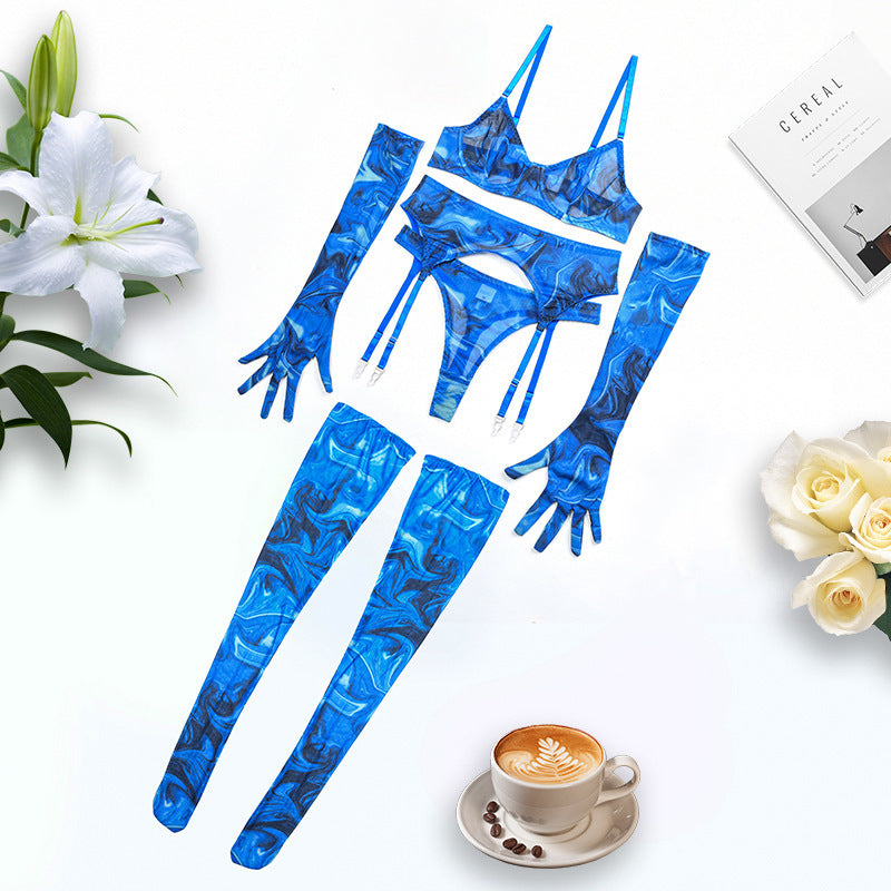 Abstract Print Mesh Five-Piece Lingerie Set - Garter and Gloves