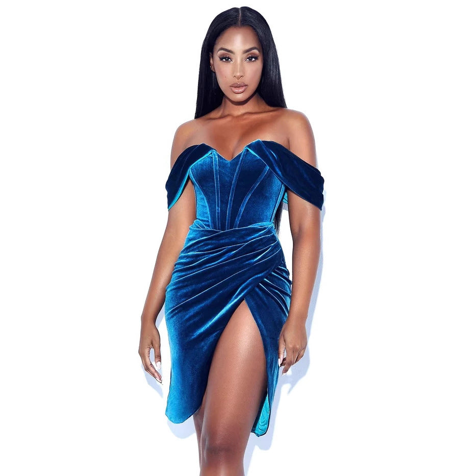 Velvet Evening Dress - Boned Strapless Slit Gown - Fashions Envy