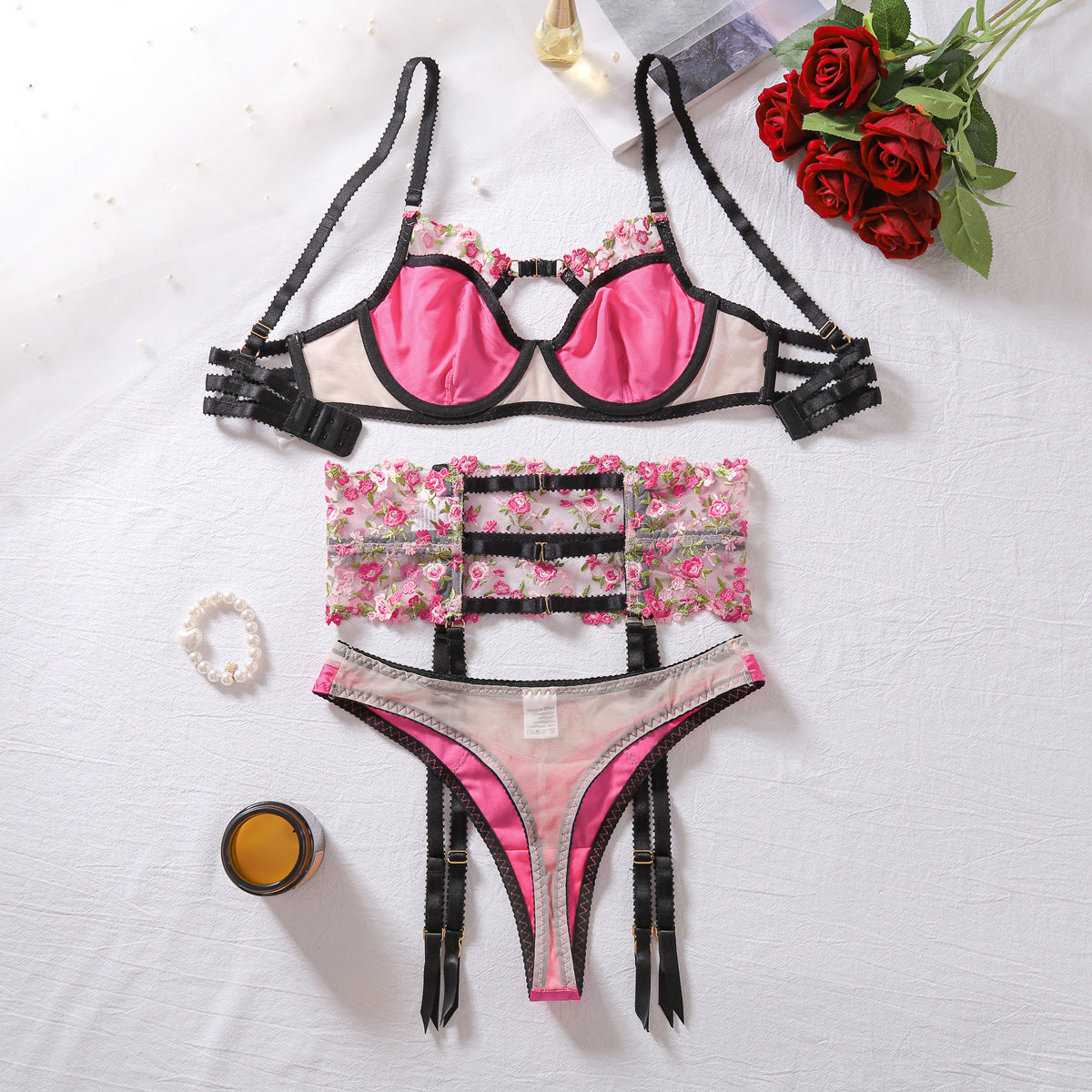Floral Embroidered Lingerie Set - Garter Belt & Thong Included