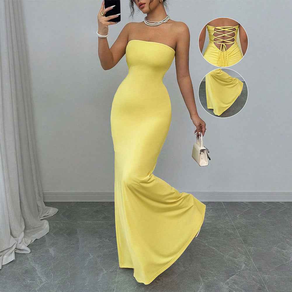 Yellow Strapless Maxi Dress - Lace Up Corset Back