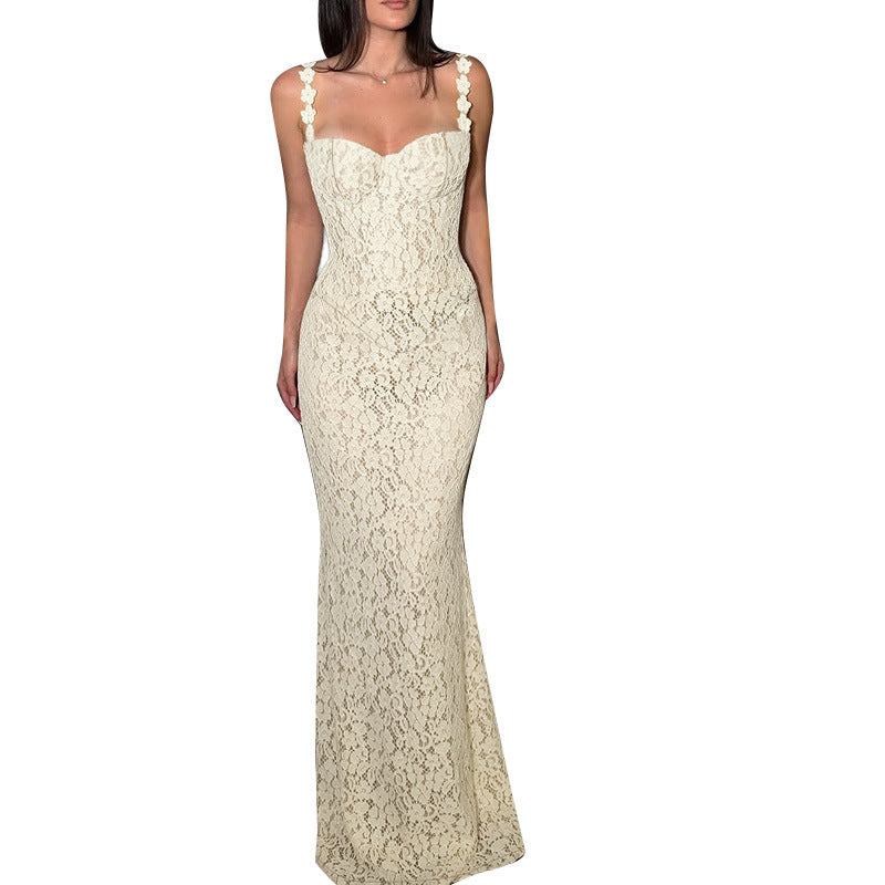 Yellow Lace Maxi Dress - V-Neck Camisole Gown