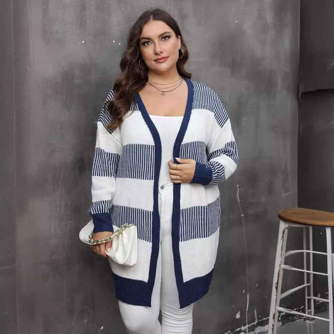 Plus Size Striped Cardigan - Open Front and Long Sleeves