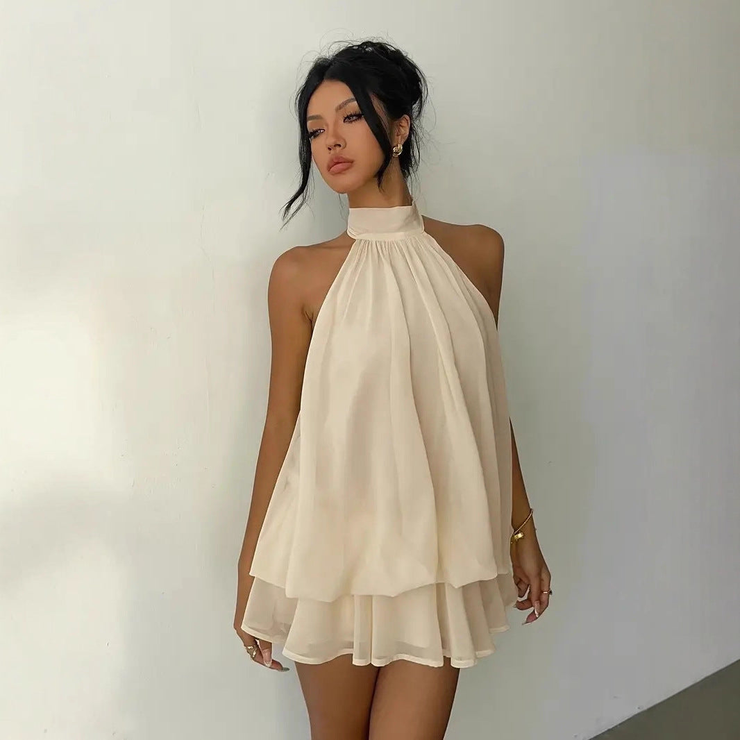 Backless Halter Neck Tiered Mini Dress - Chiffon Vacation Dress