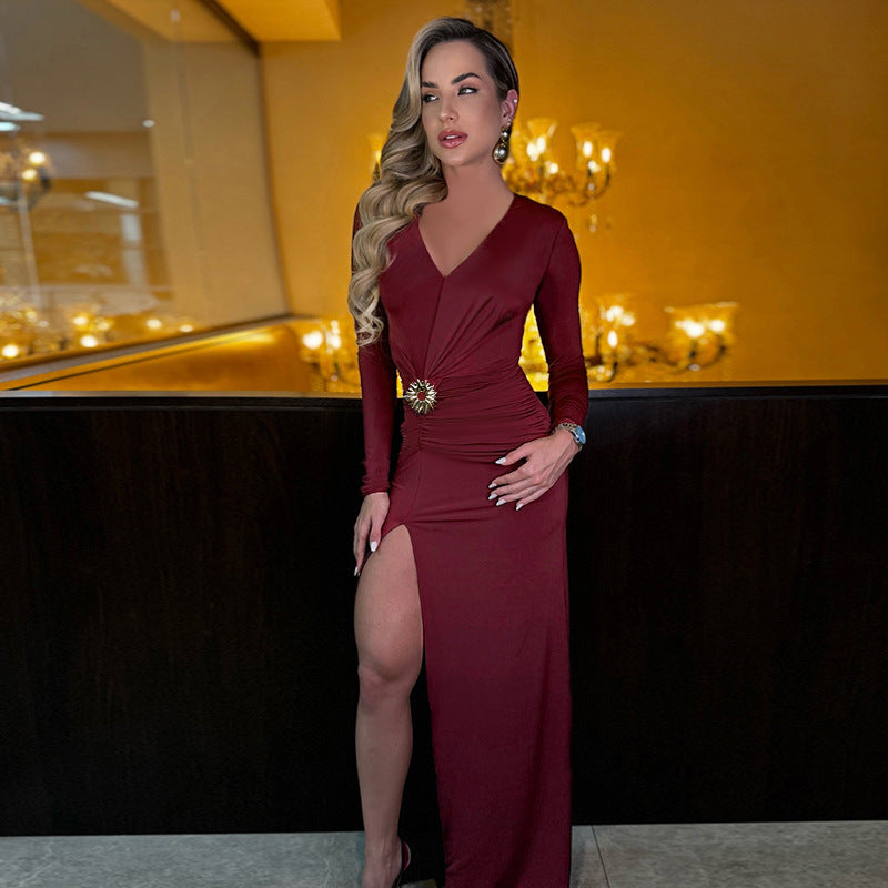 V Neck Maxi Dress - Long Sleeve Metal Buckle Slit - Fashions Envy