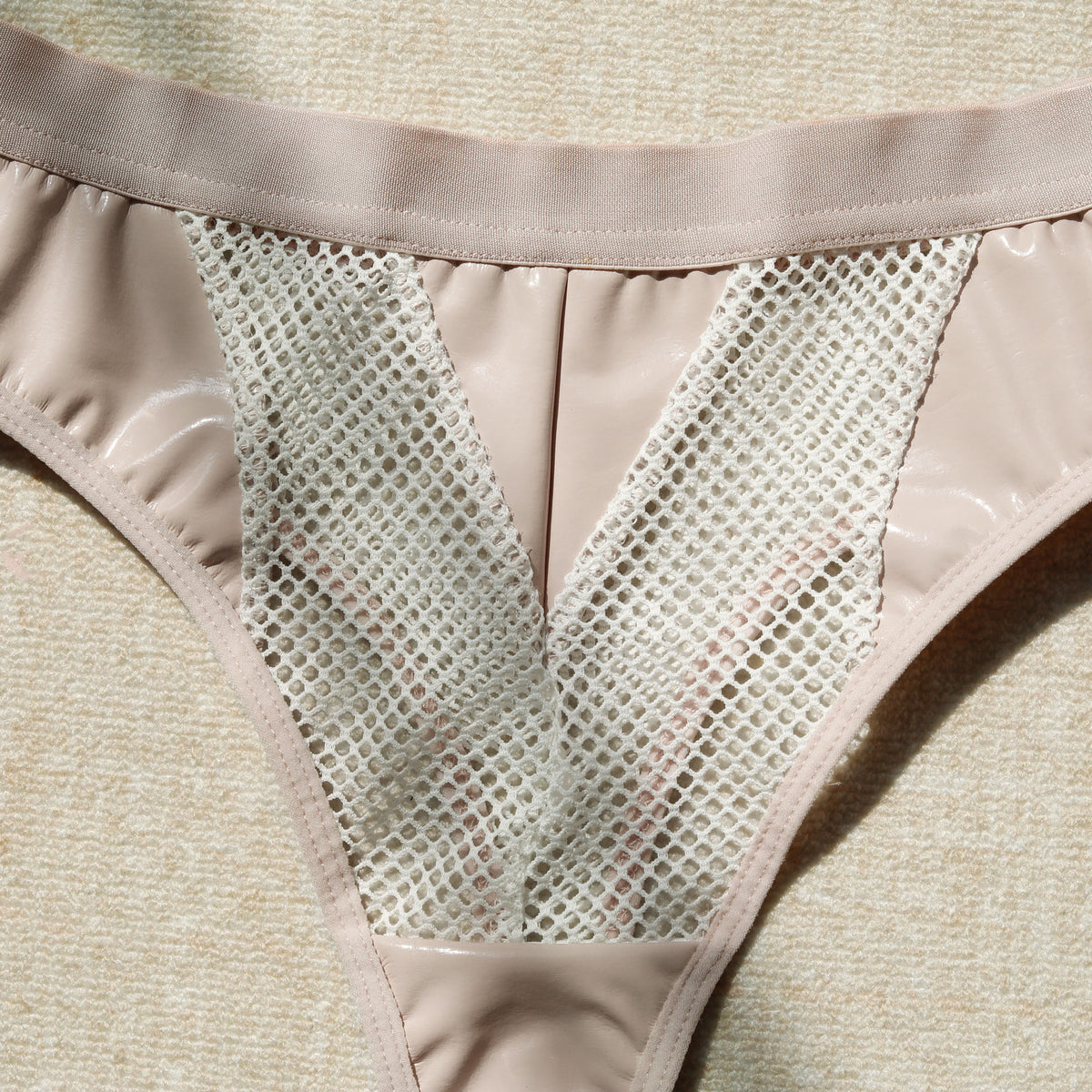 Sheer Mesh Lingerie Set - Glossy Panels And Lace-Up Front