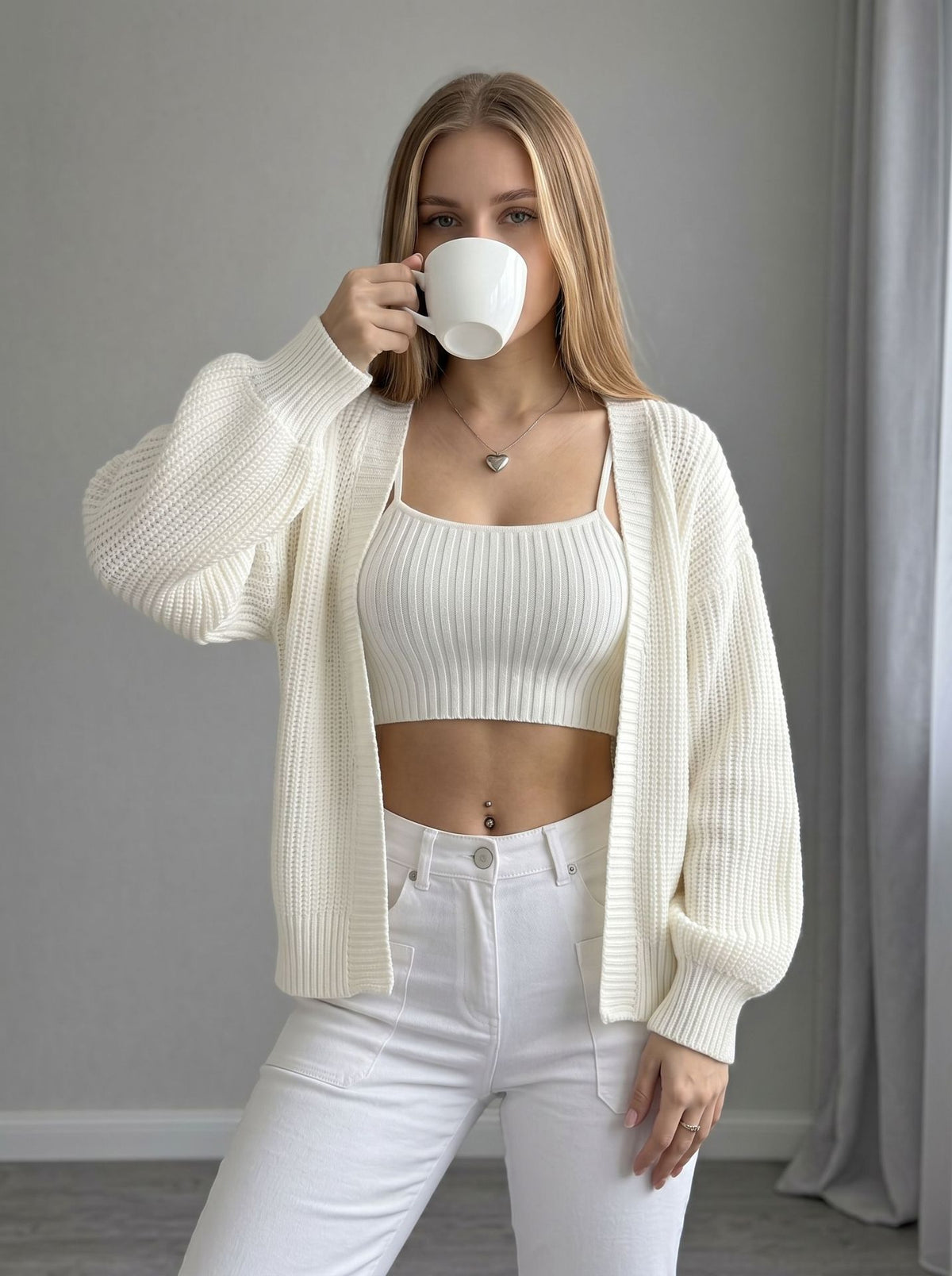 Ivory open-front knit cardigan with balloon sleeves