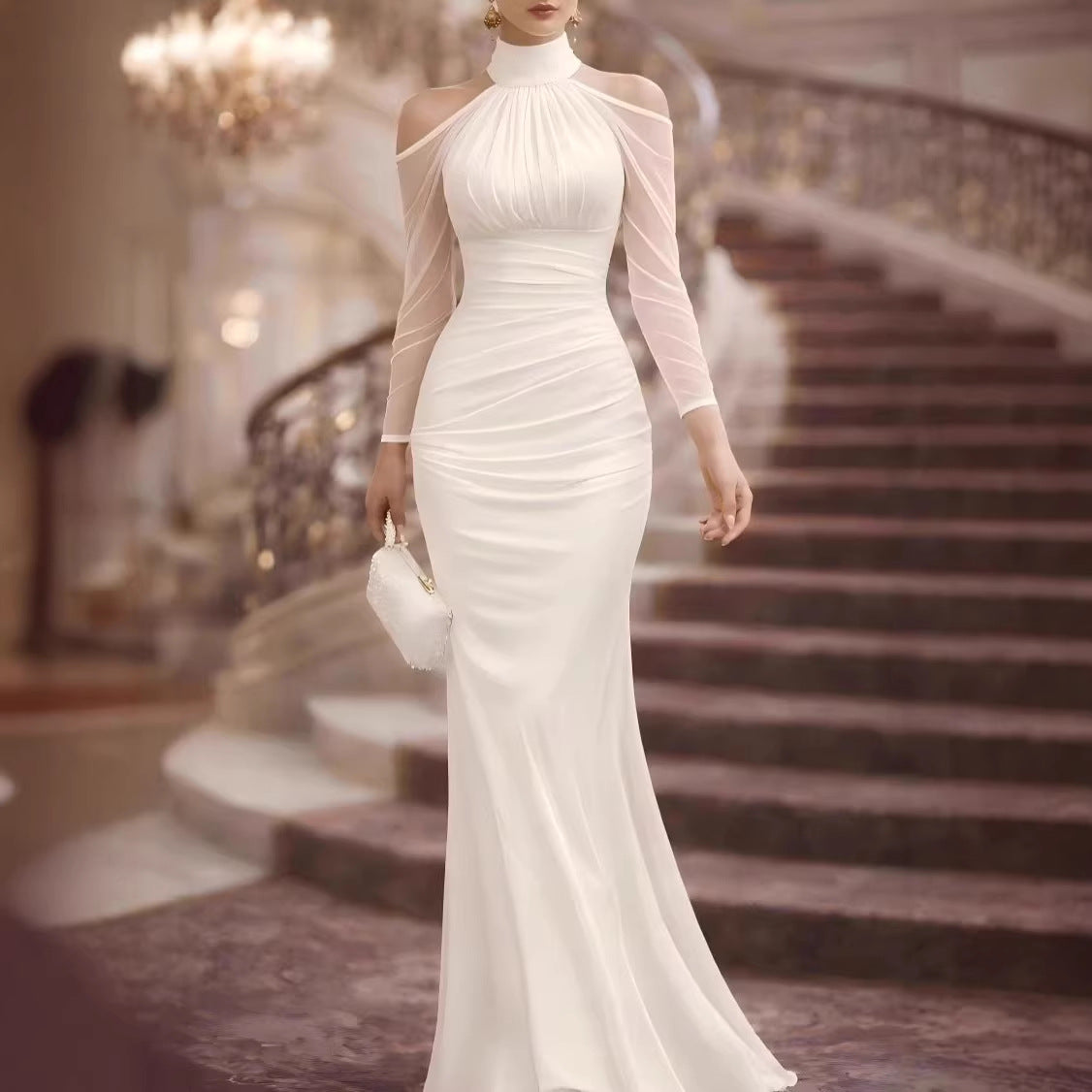 White sheer long-sleeve evening gown with high neck, draped bodice and mermaid hem