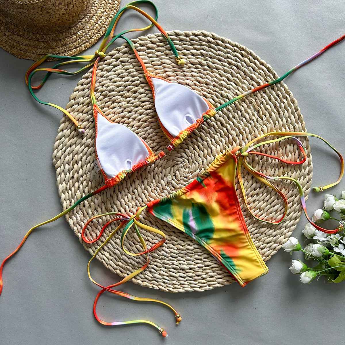 Printed Strap Triangle Bikini Set - Tie Top Chic Beach