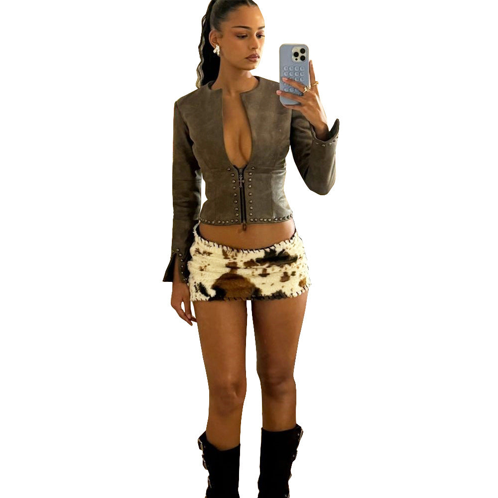 Cow Print Mini Skirt - Knitted Cashmere Fleece