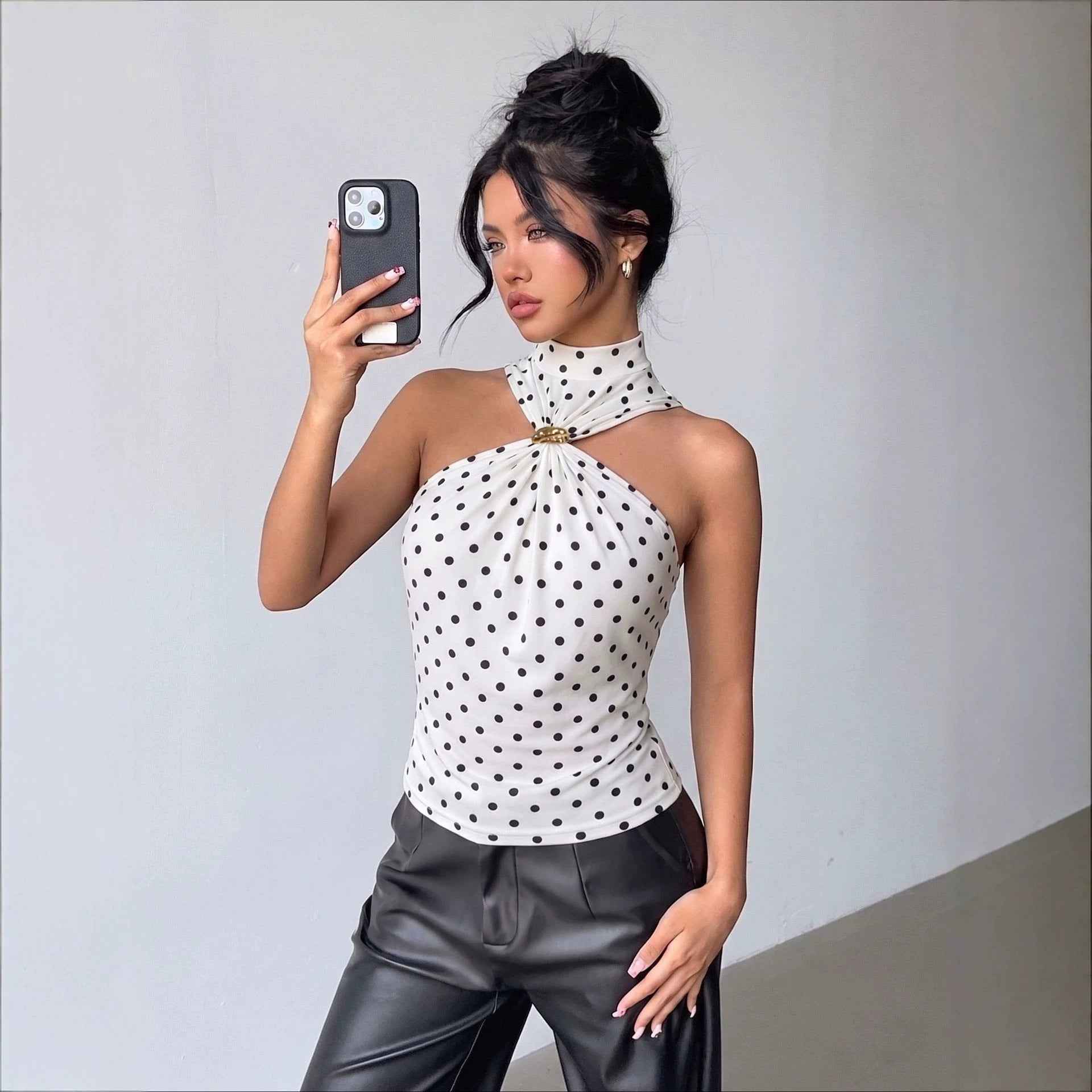 White Polka Dot Halter Top - Mock Neck Gold Brooch