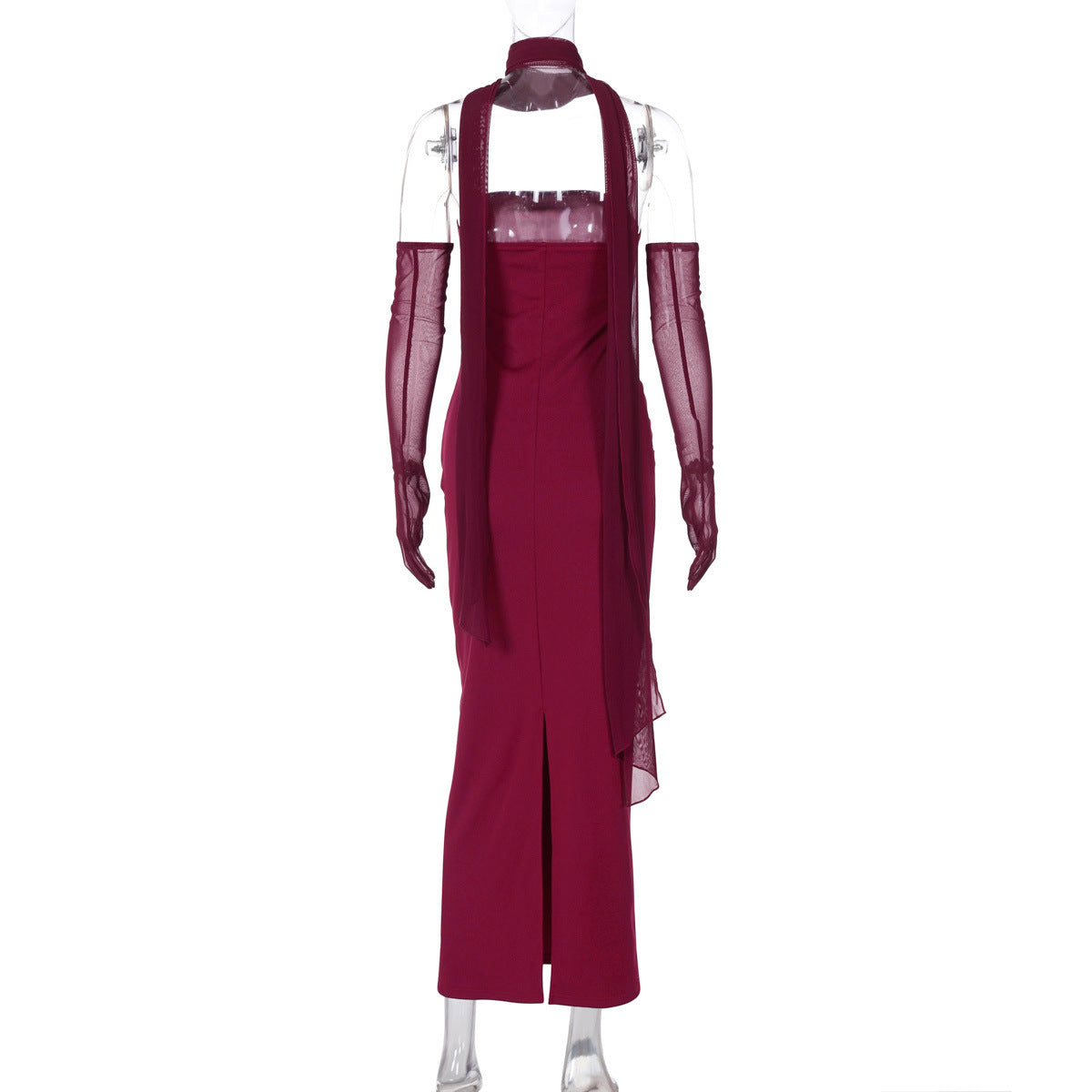 Halter Neck Strapless Maxi Dress - Open Back Mesh Glove Column Gown