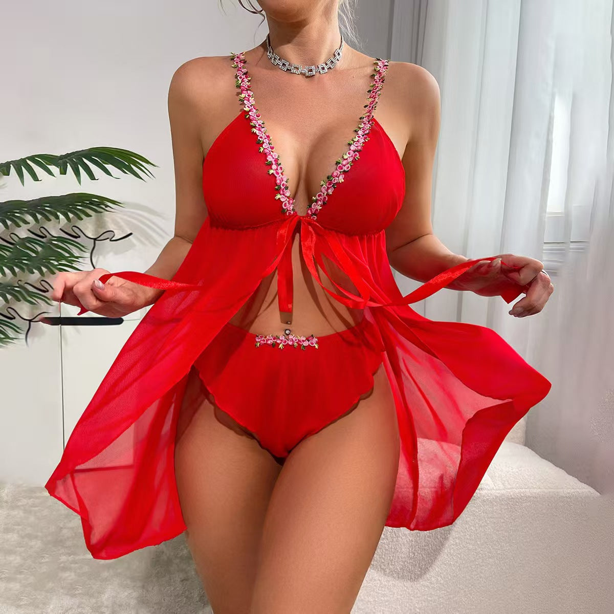 Sexy mesh small flower halter bow slit top and matching bottoms sexy lingerie