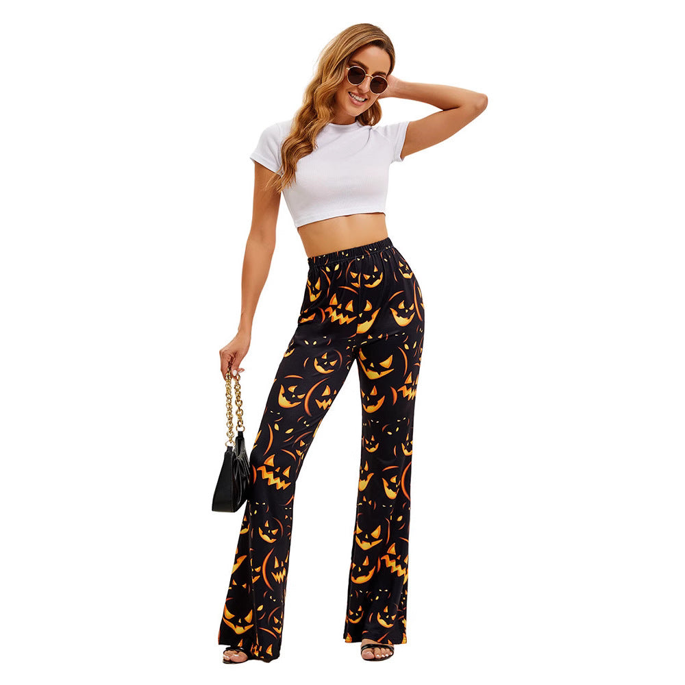 Women’s long flared pants with elastic waist, black and orange Halloween jack-o’-lanterns