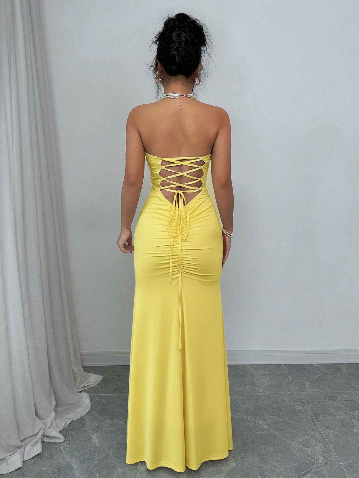 Yellow Strapless Maxi Dress - Lace Up Corset Back