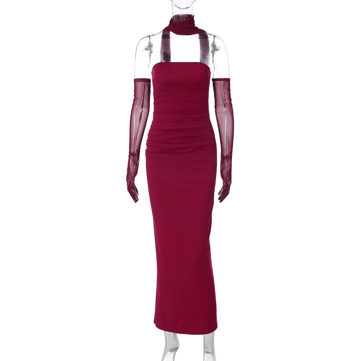 Halter Neck Strapless Maxi Dress - Open Back Mesh Glove Column Gown