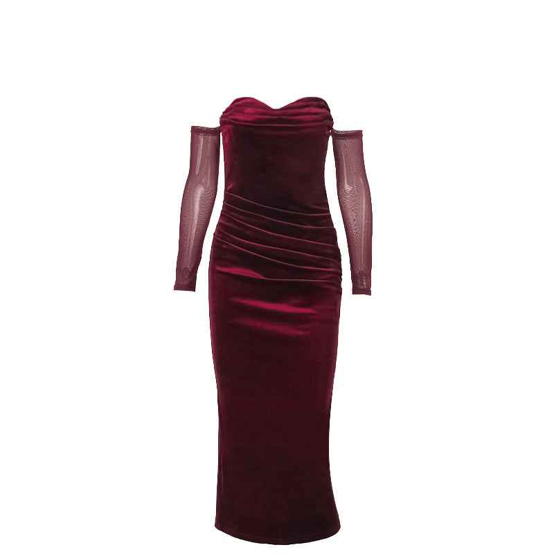 Burgundy Velvet Midi Dress - Off Shoulder Ruched Mesh Sleeve