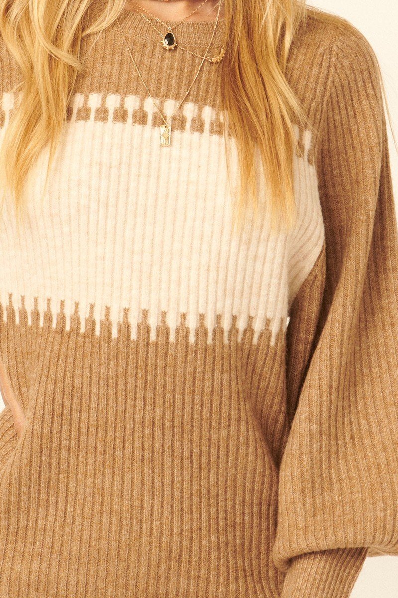 Ribbed Knit Sweater Bishop Sleeve Mini Dress