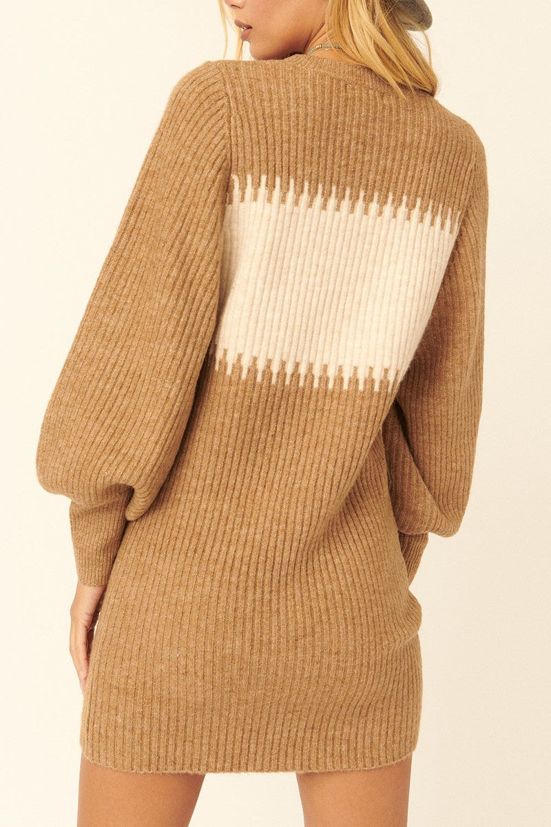Ribbed Knit Sweater Bishop Sleeve Mini Dress