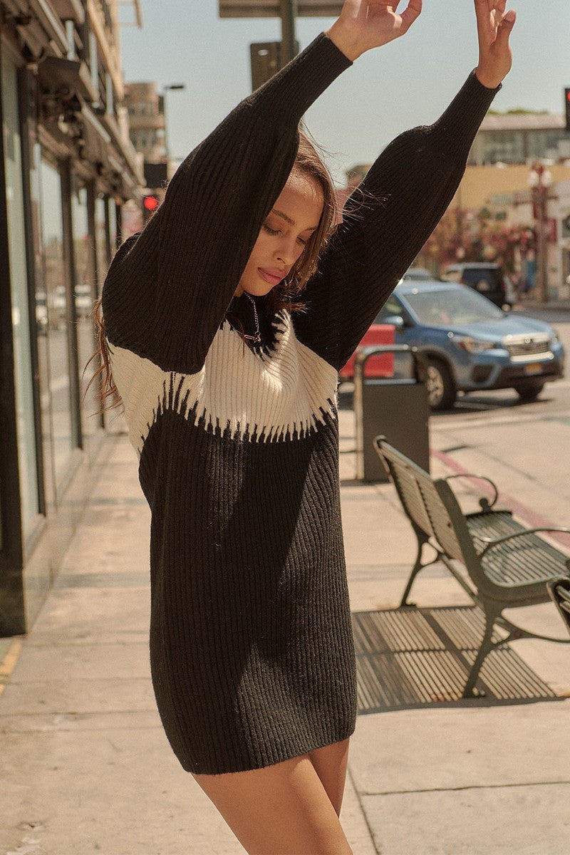 Ribbed Knit Sweater Bishop Sleeve Mini Dress