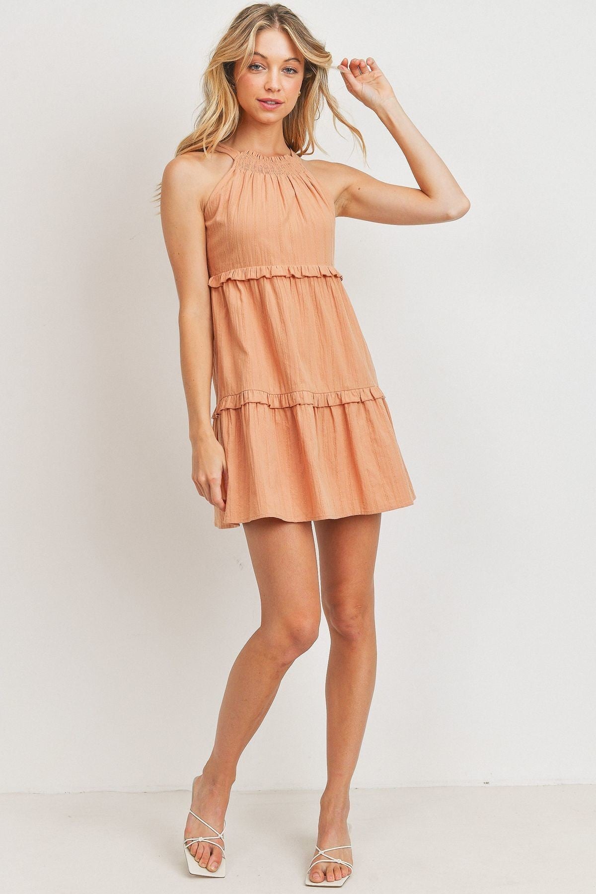 Textured Woven Fabric with Tiered Sleeveless Mini Dress