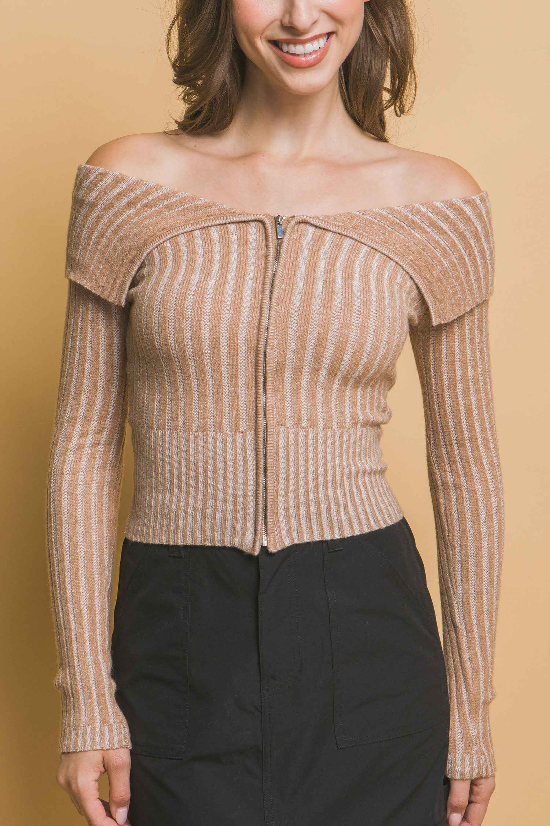 Ribbed Bardot Zip Up Long Sleeve Top