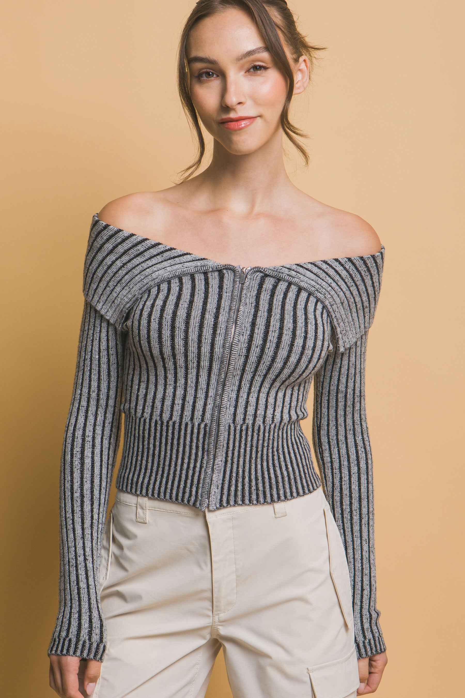 Ribbed Bardot Zip Up Long Sleeve Top