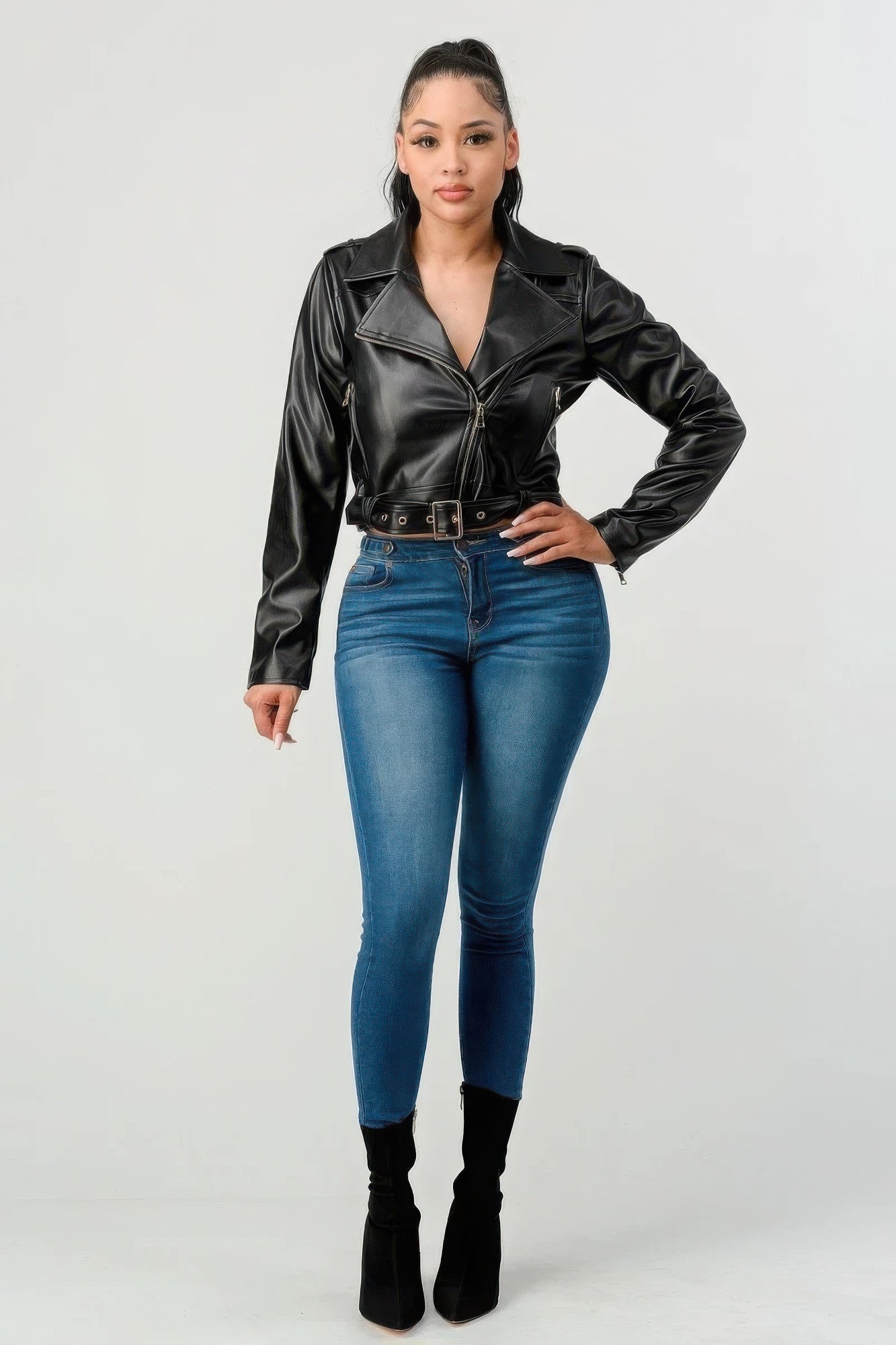 Wide Collar Buckle Belt Pu Leather Jacket - Fashions Envy