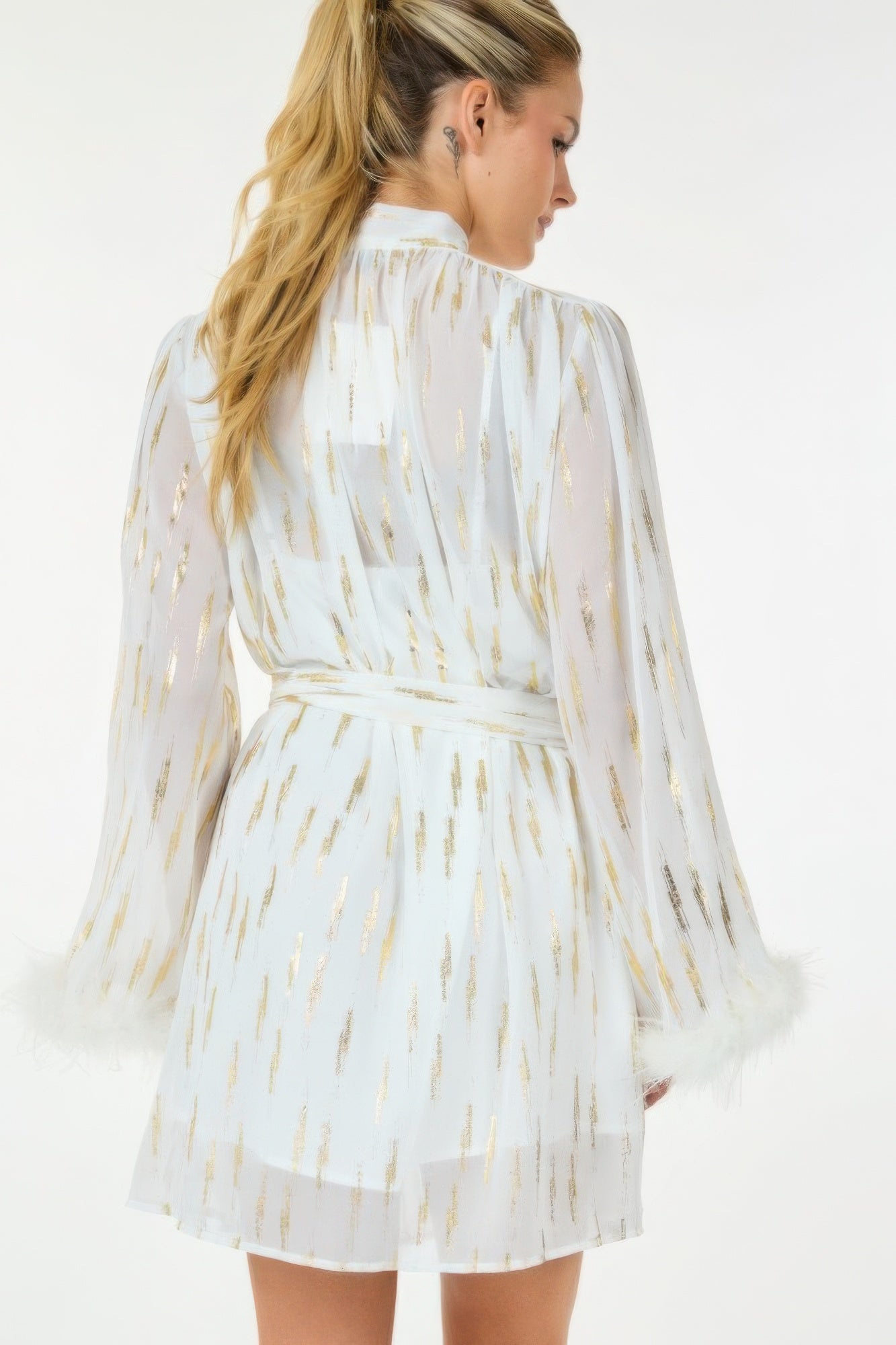 Boa Cuff Metallic Print Waist Belt Mini Dress