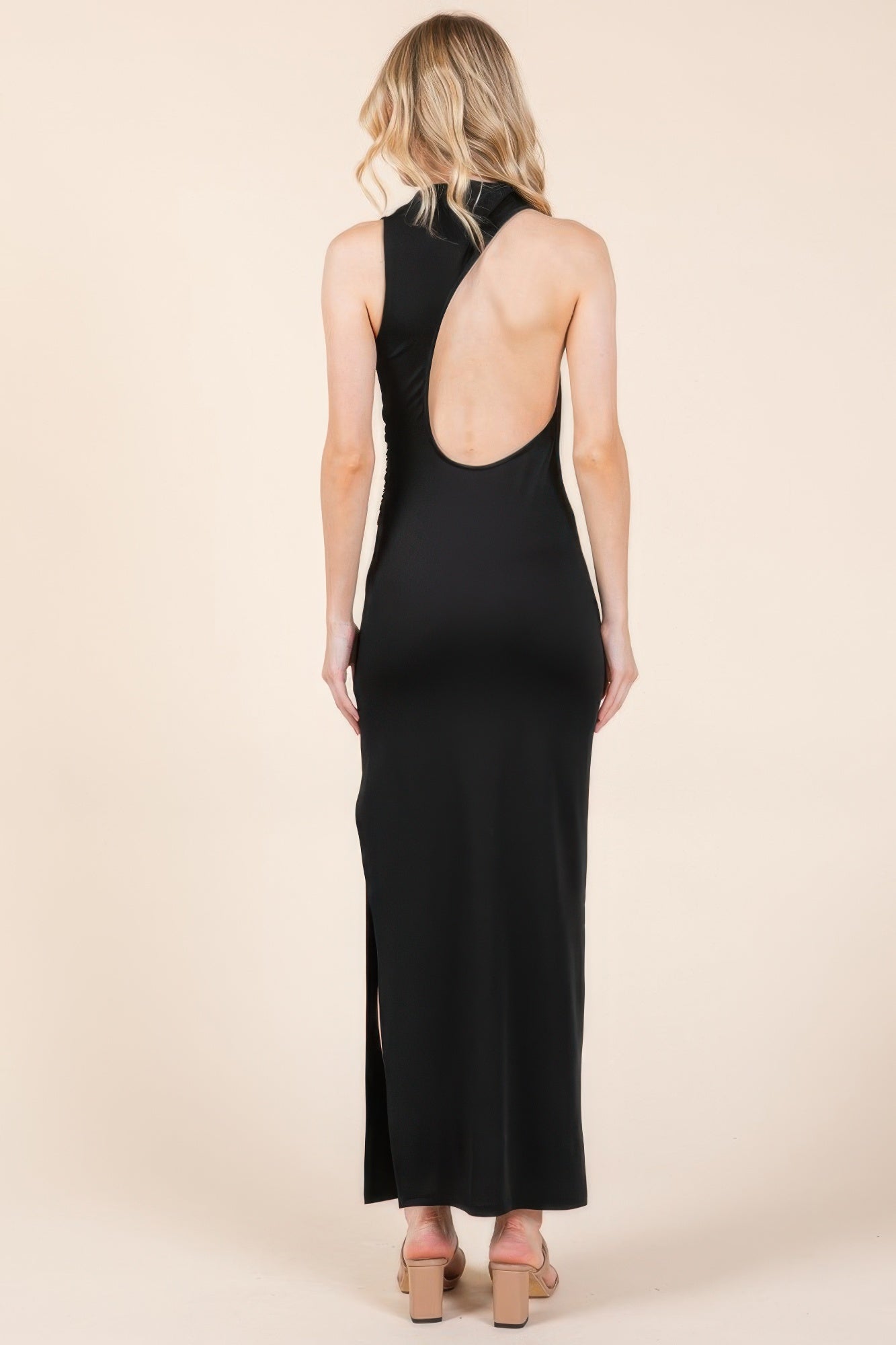 Back Cut Out Side Shirring Side Slit Maxi Dress - Fashions Envy