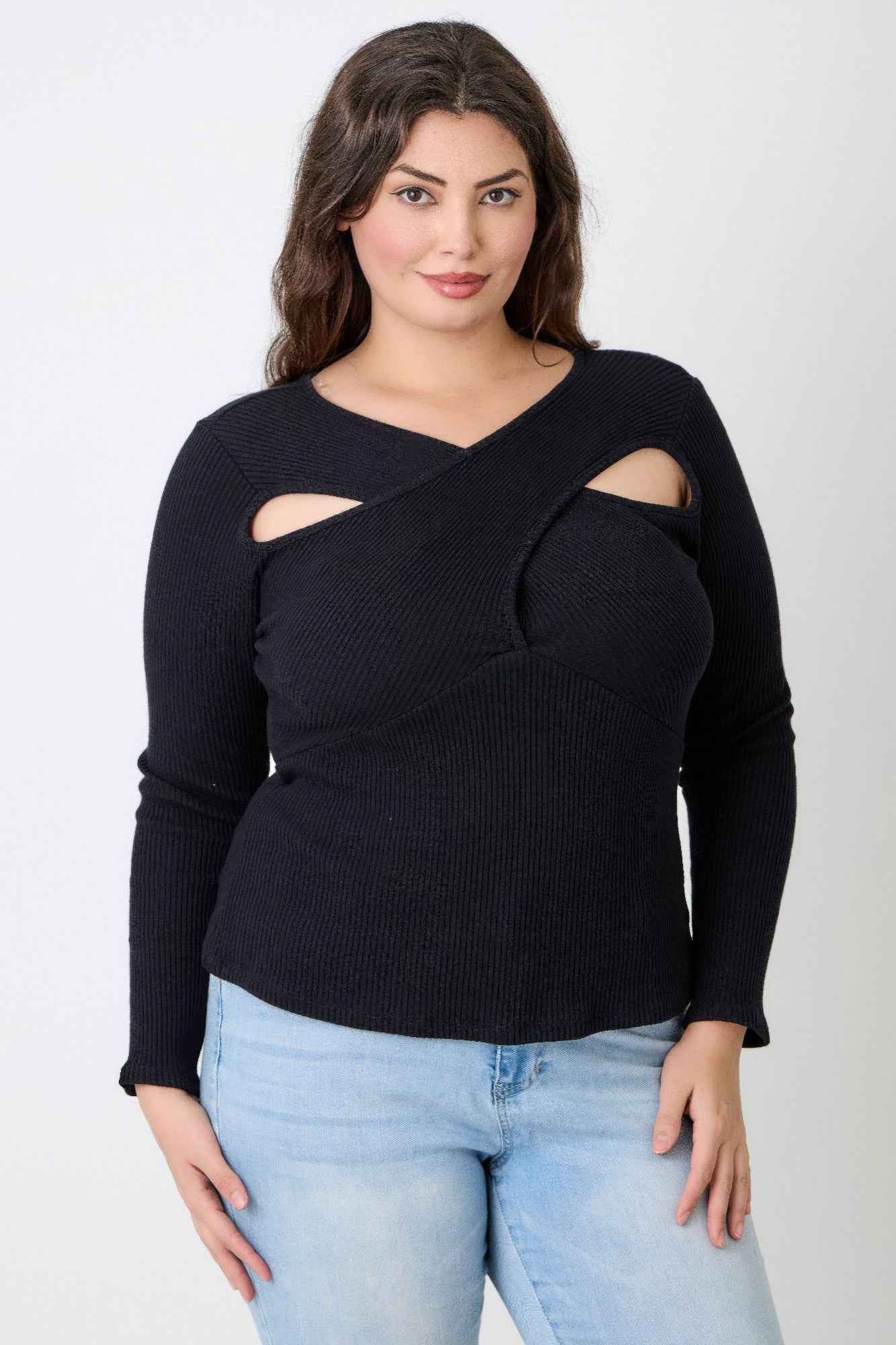 Plus Size Black Top - Ribbed Cutout Long Sleeve