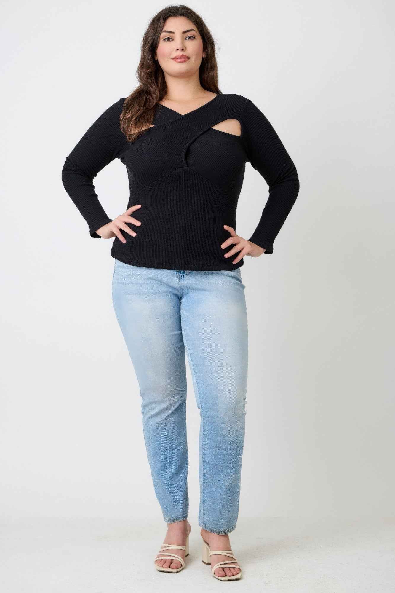 Plus Size Black Top - Ribbed Cutout Long Sleeve