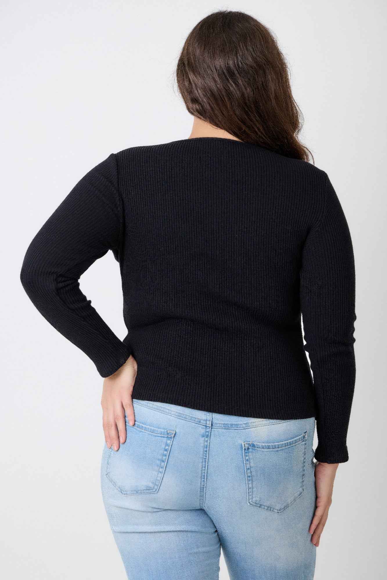 Plus Size Black Top - Ribbed Cutout Long Sleeve