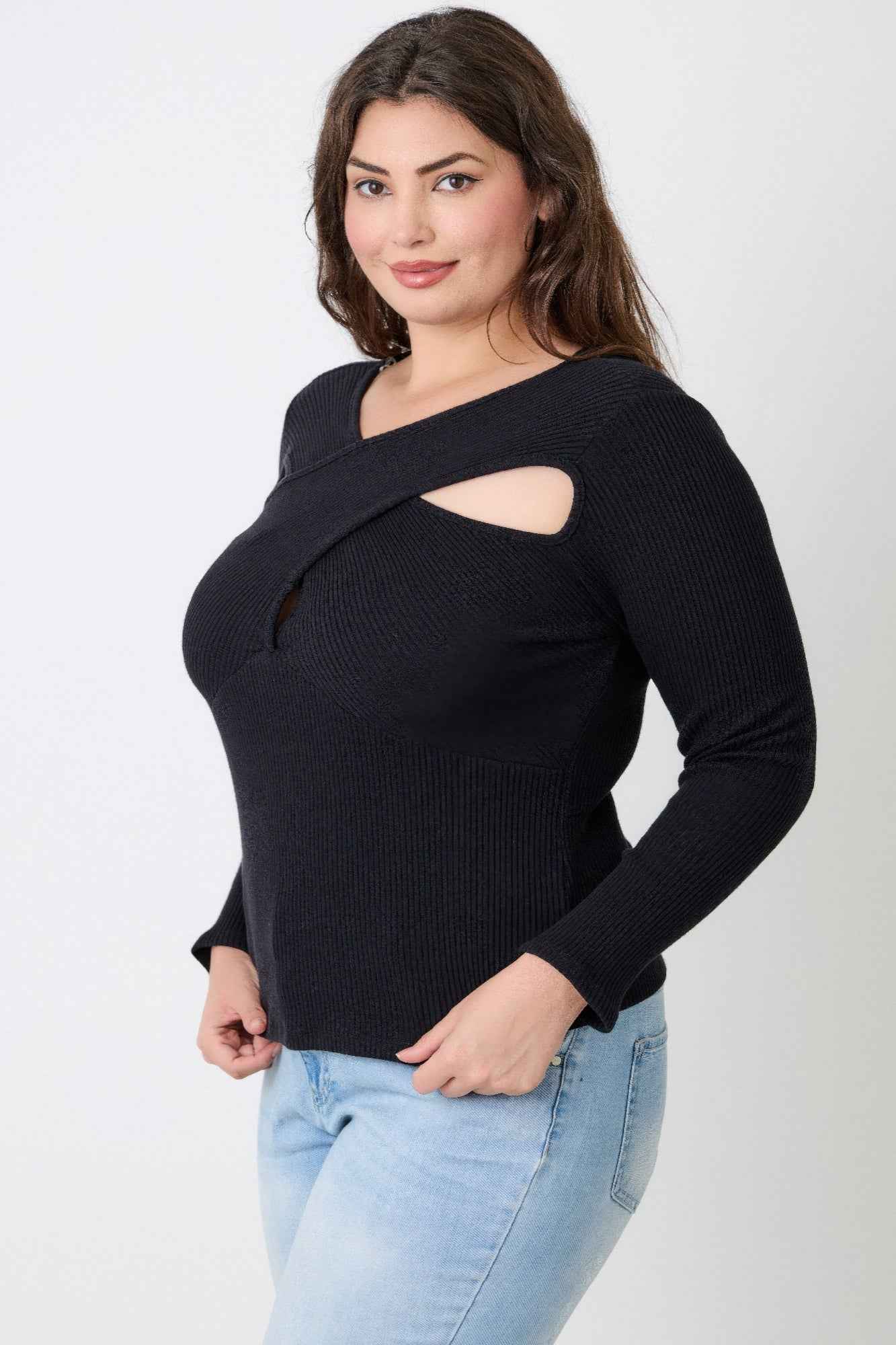 Plus Size Black Top - Ribbed Cutout Long Sleeve
