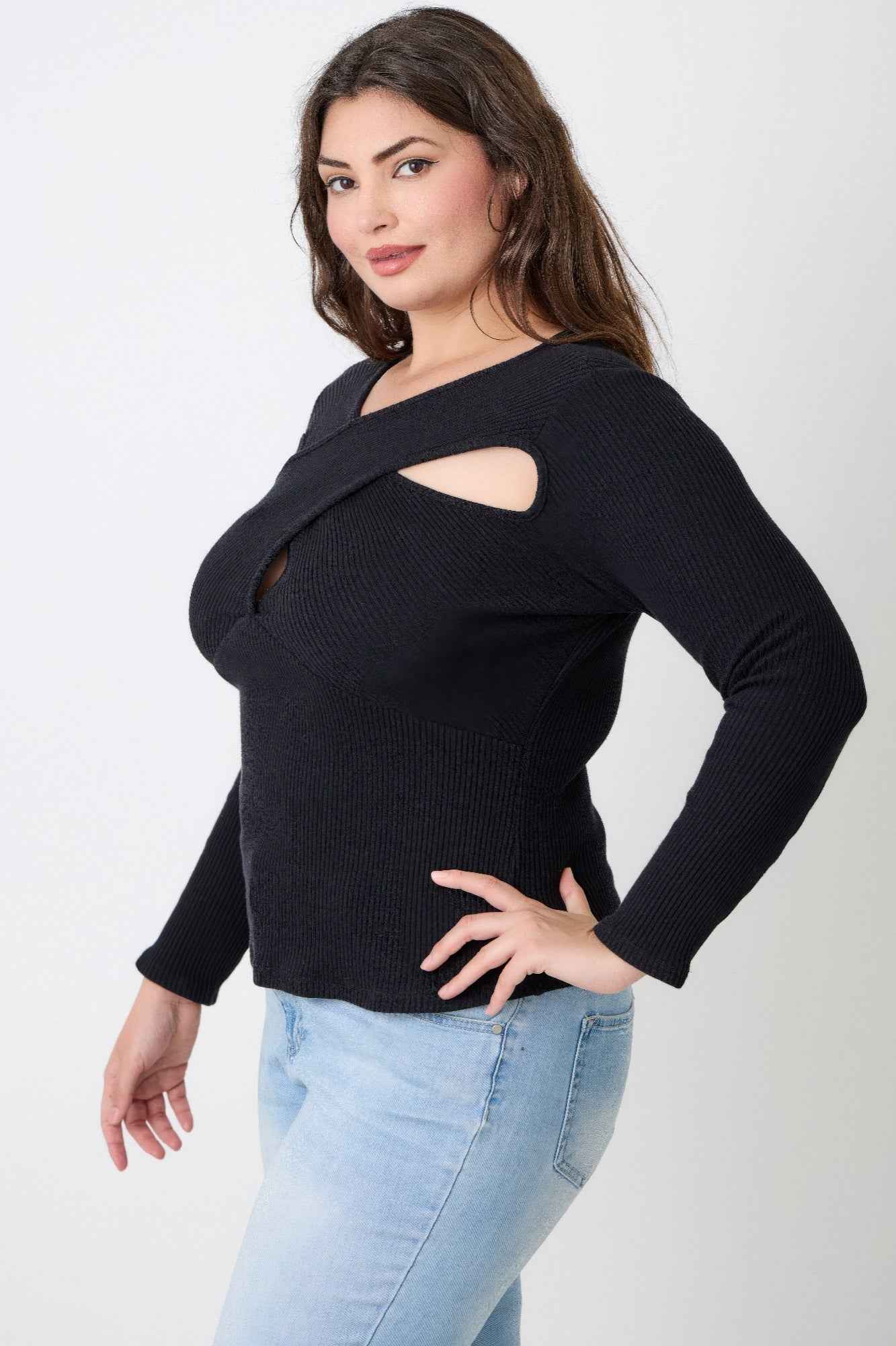 Plus Size Black Top - Ribbed Cutout Long Sleeve