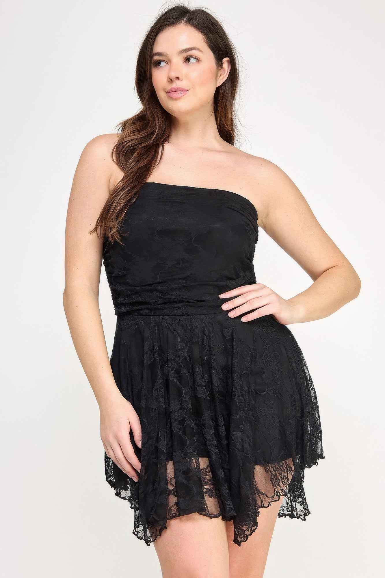 Plus Size Black Mini Dress - Asymmetrical Lace Overlay