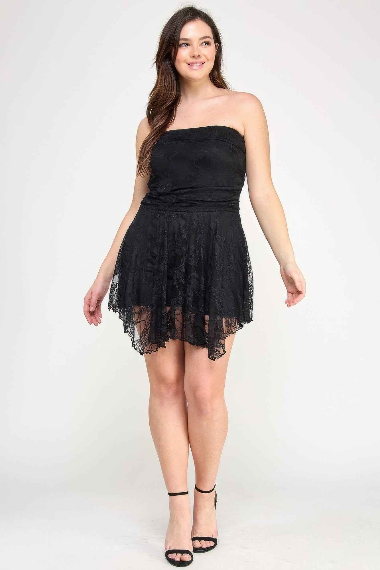 Plus Size Black Mini Dress - Asymmetrical Lace Overlay