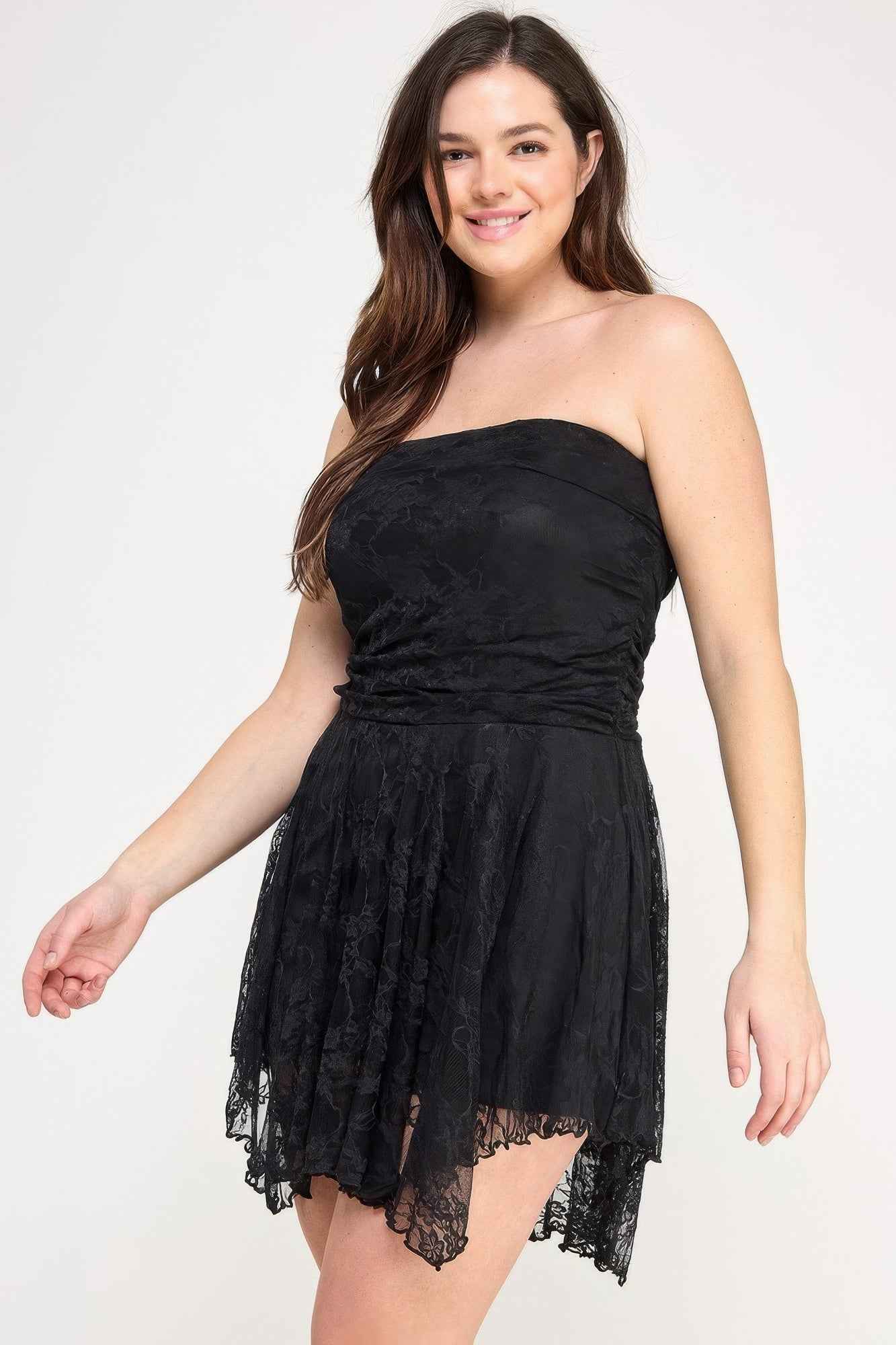 Plus Size Black Mini Dress - Asymmetrical Lace Overlay