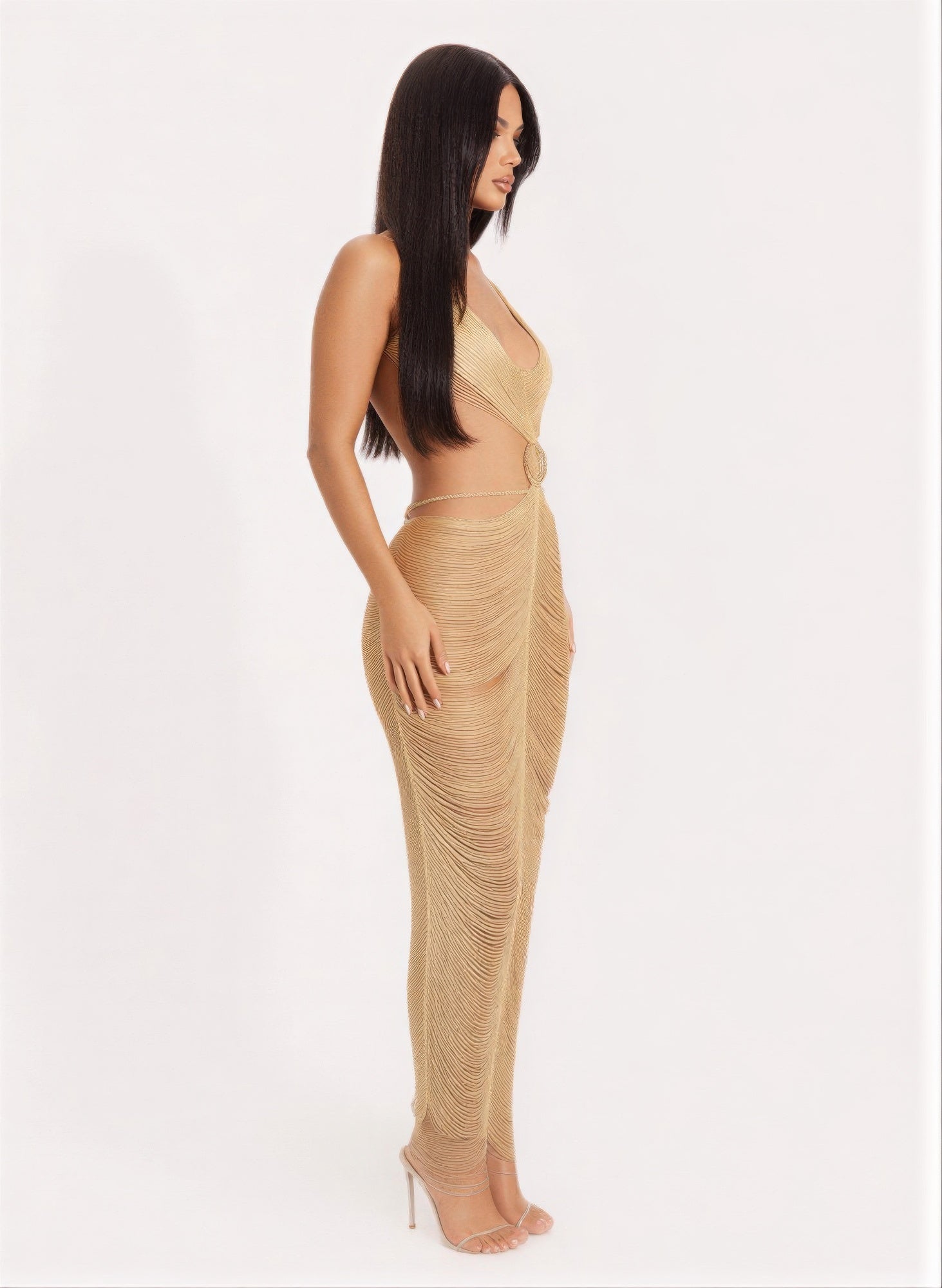 Gold Metallic Maxi Dress - Cut Open Back - Fashions Envy