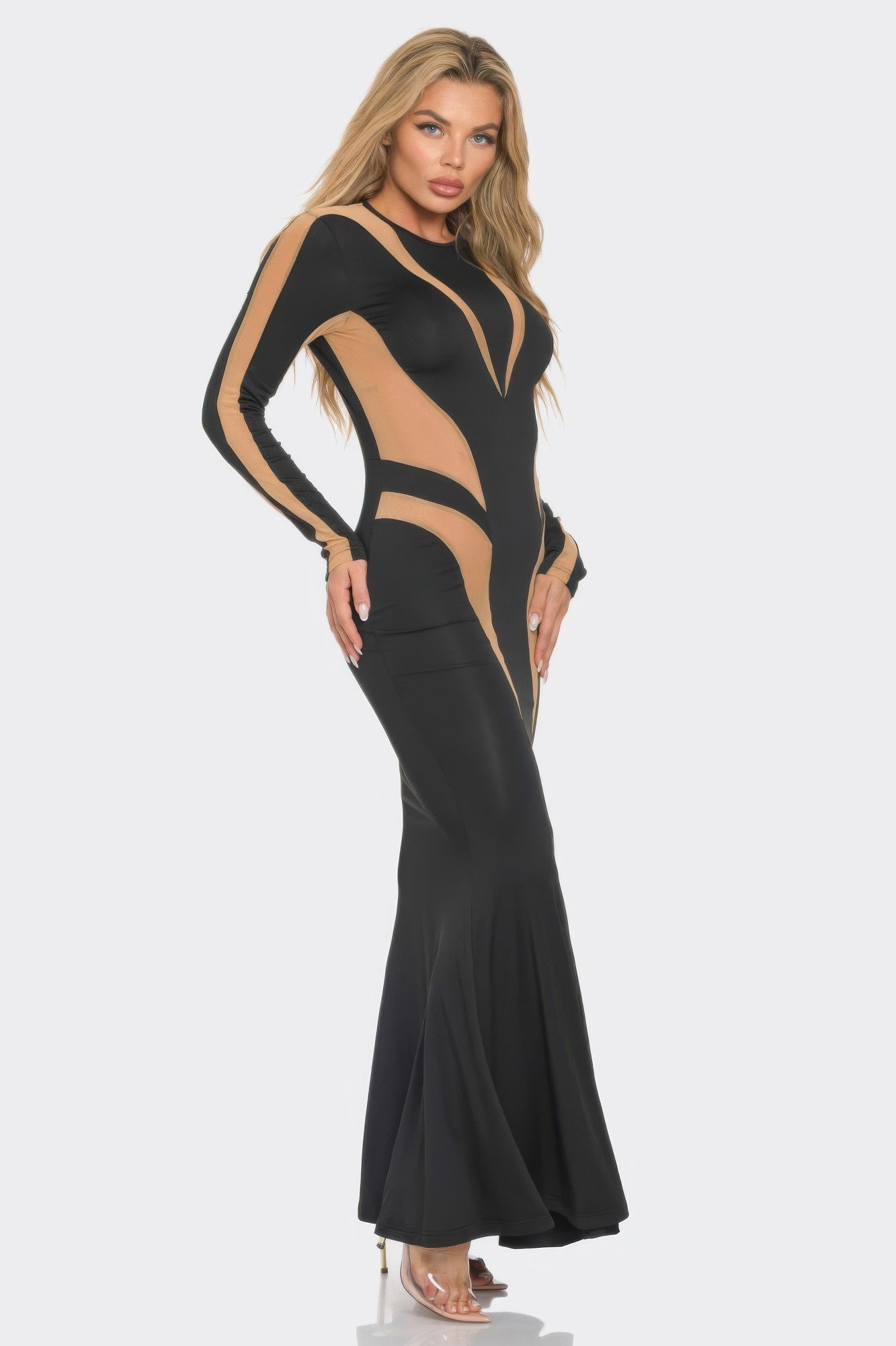 Black Maxi Dress - Mesh Cut Out Detail - Fashions Envy