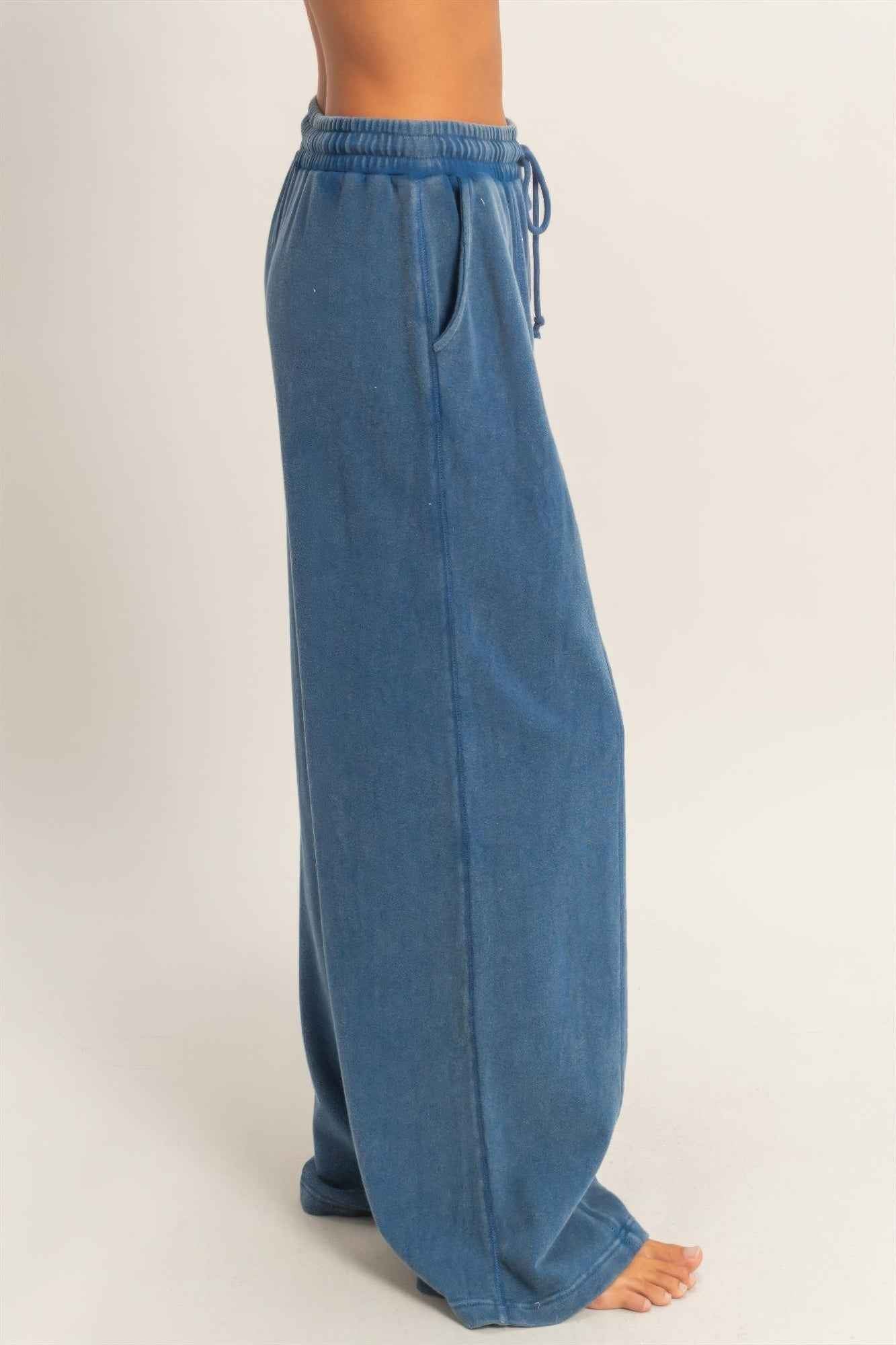 Acid Wash French Terry Wide-leg Pants - Side-seam Pockets